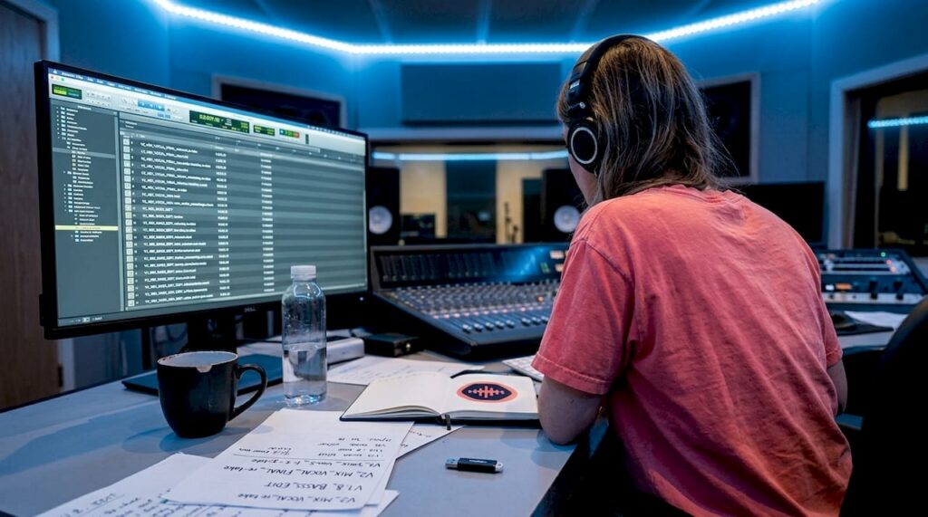 Sound engineer reviewing audio project files