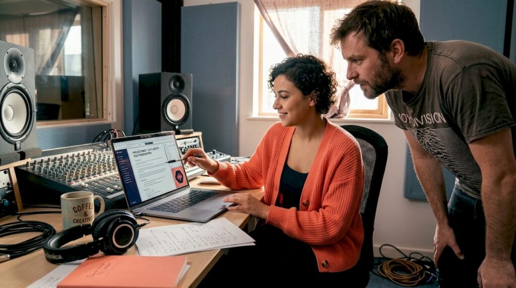 Music producers planning collaboration in studio