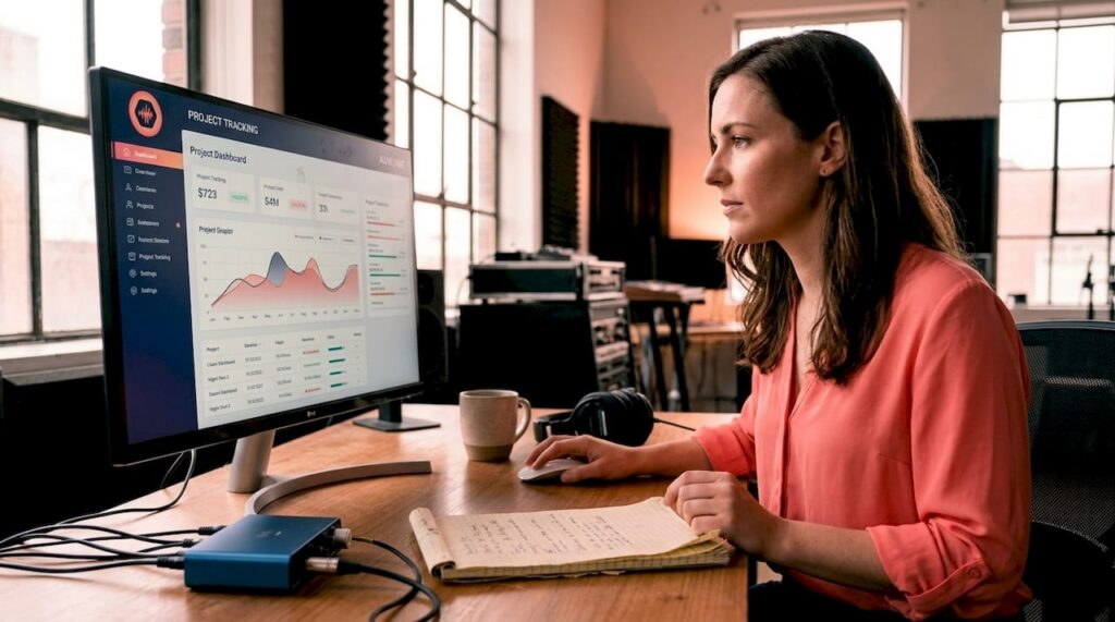 Audio engineer checking project tracking dashboard