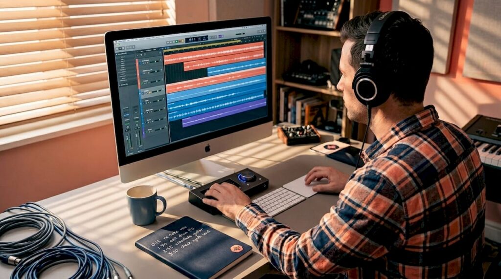 Man editing audio in home office setting