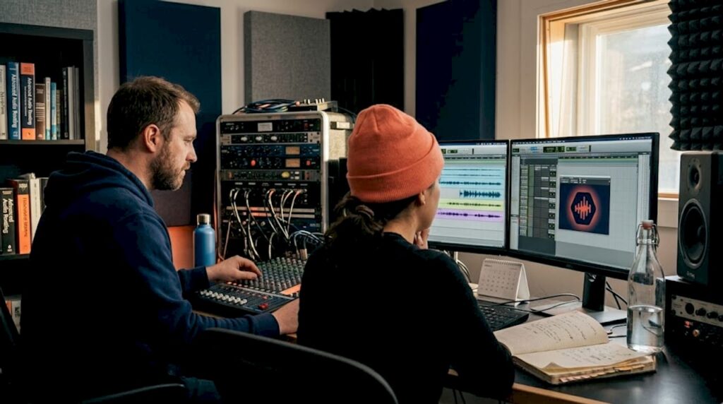 Sound designers collaborating in a studio workspace