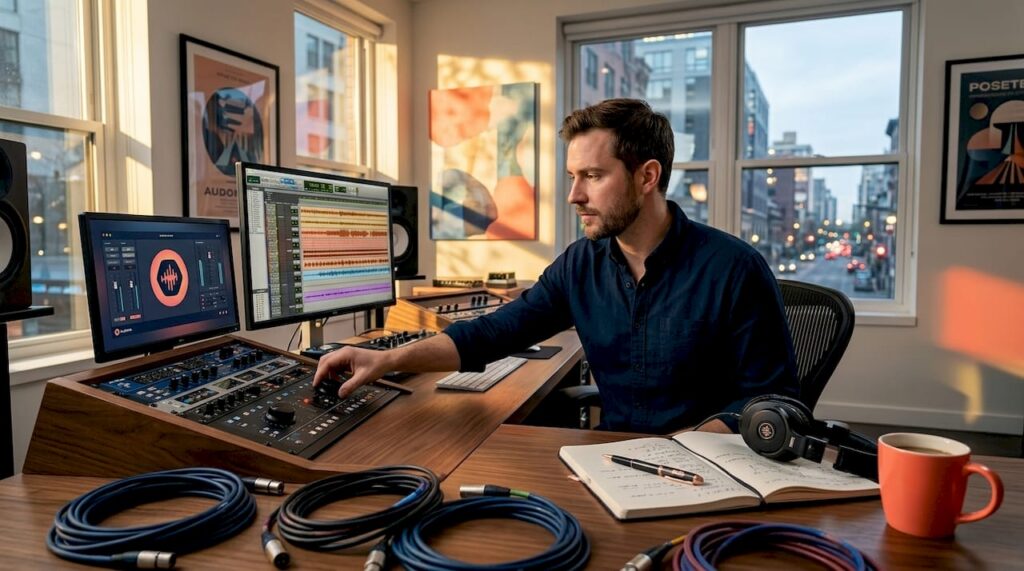 Studio owner working at home music studio desk