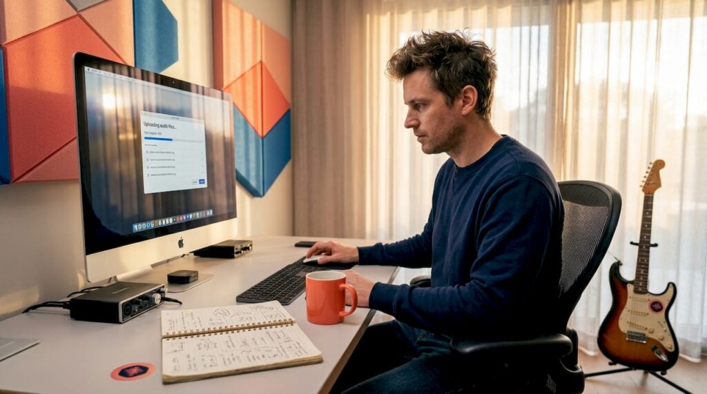 Audio engineer sends mixes from home studio
