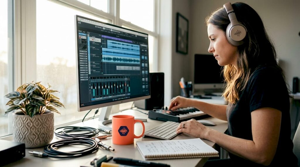 Woman collaborating in digital audio workspace