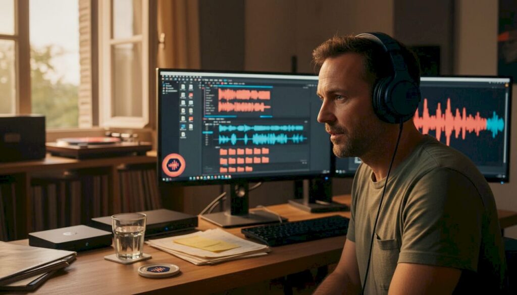 Audio engineer managing file formats in studio