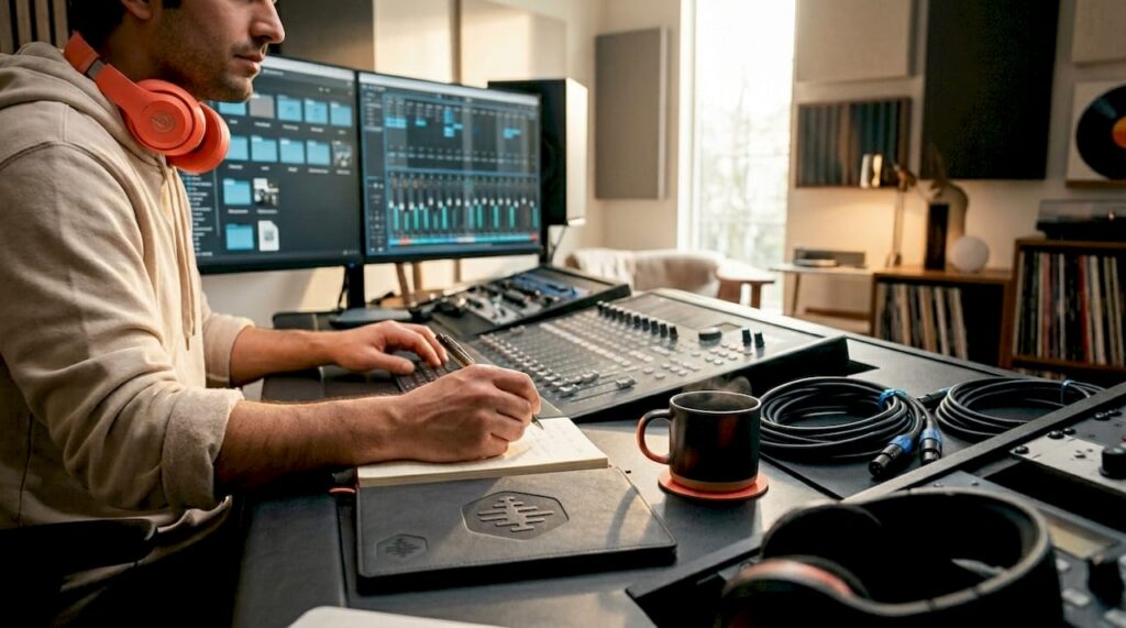 Sound engineer organizing audio project files