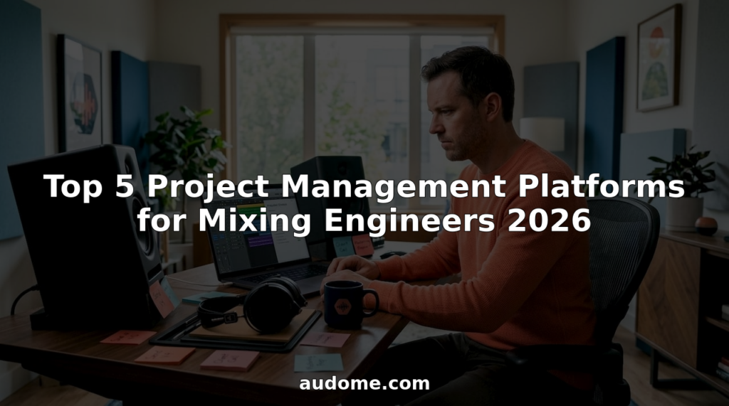 Mixing engineer using project management tools at studio desk