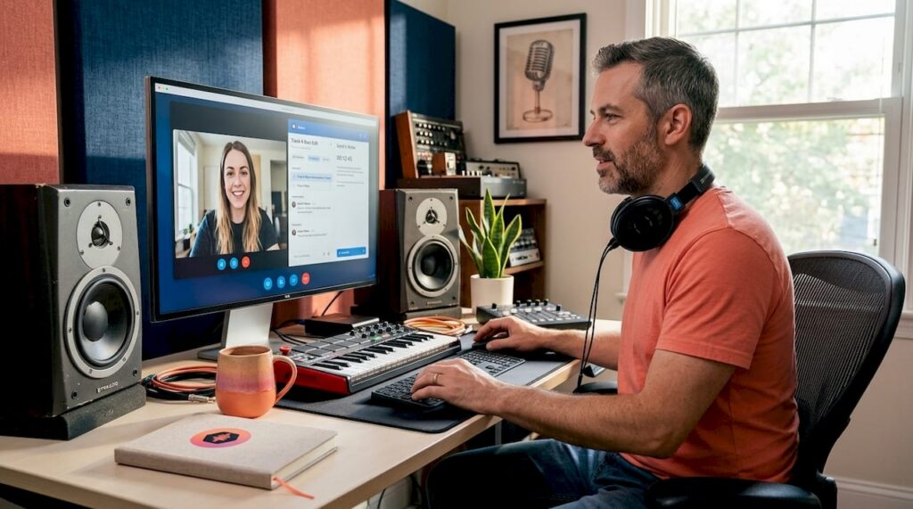 Audio engineer collaborating in studio workspace