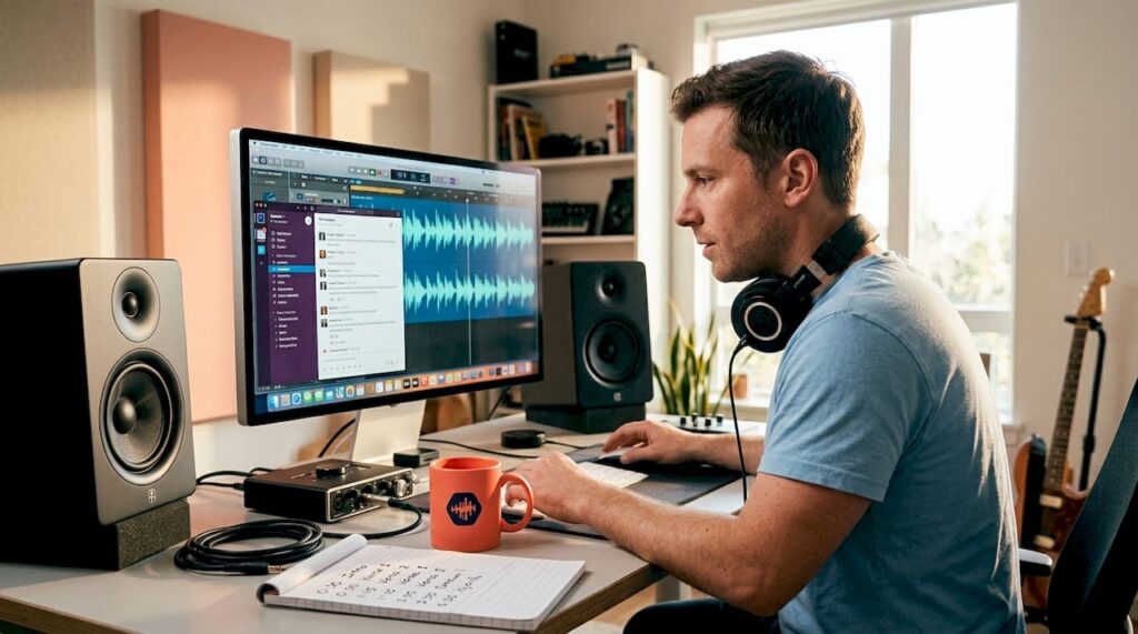 Audio engineer collaborating in home studio workspace