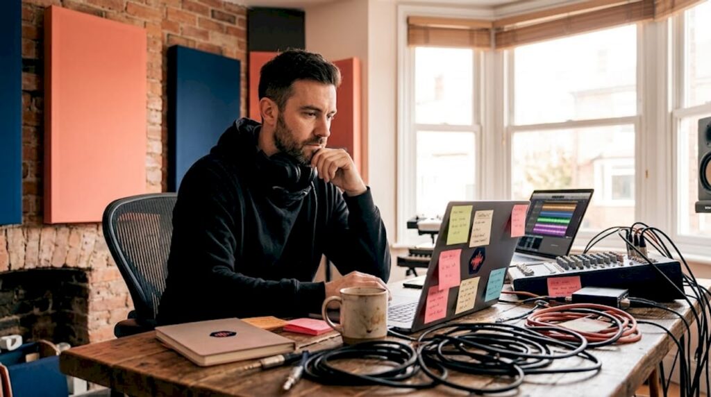 Audio engineer reviewing feedback at studio desk