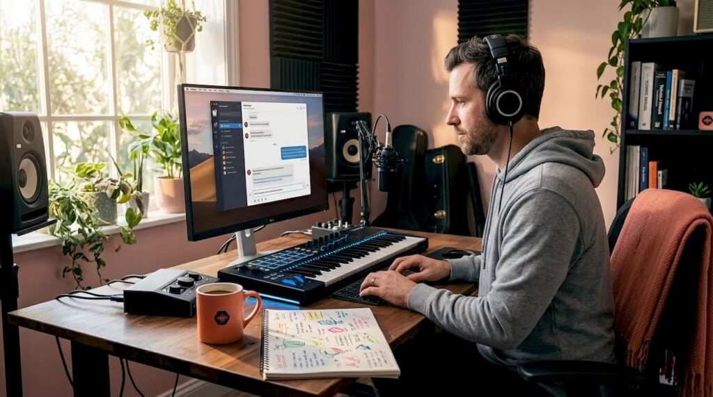 Audio producer collaborating in studio workspace