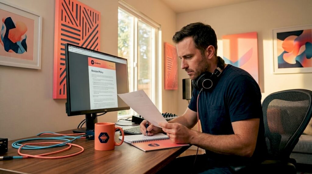 Audio engineer reviewing revision policy document
