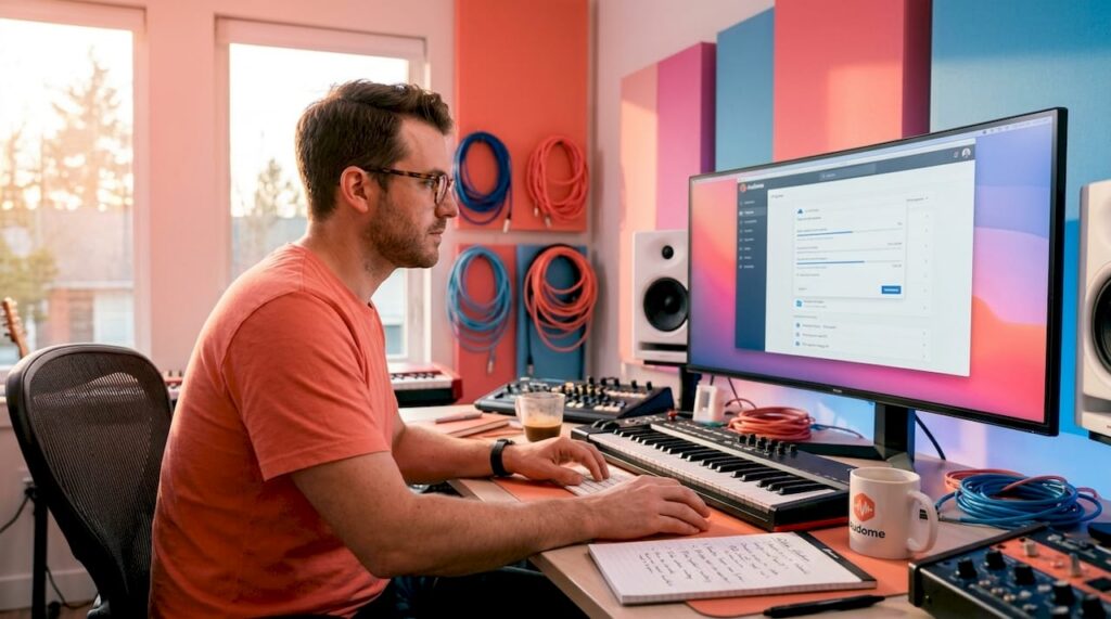 Audio producer reviewing file sharing upload in studio