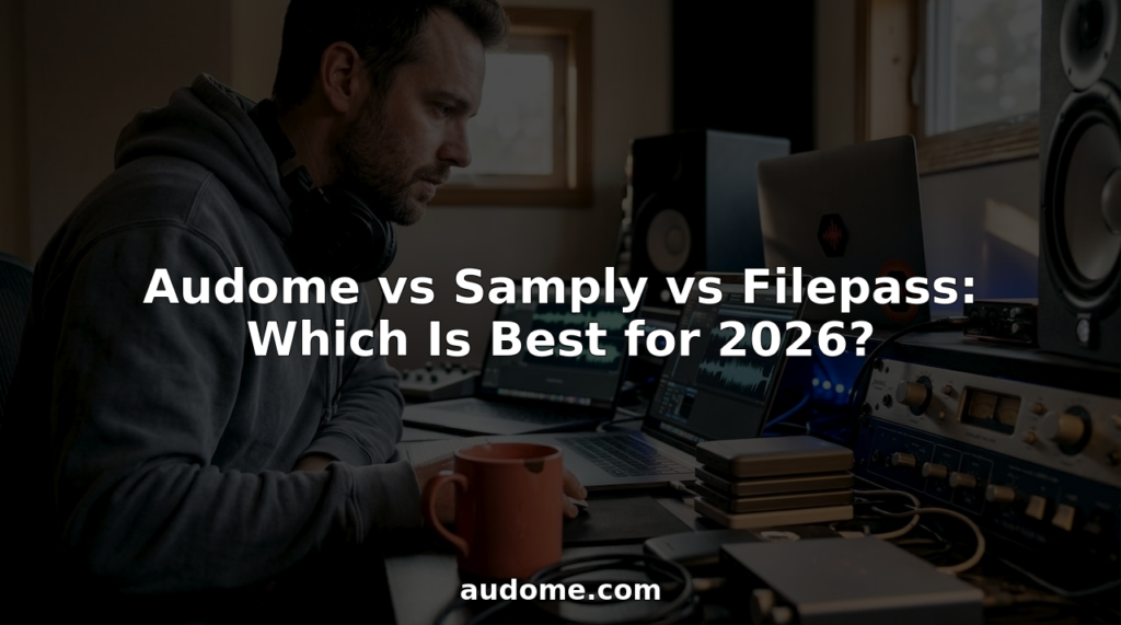Audio engineer comparing files at home studio desk
