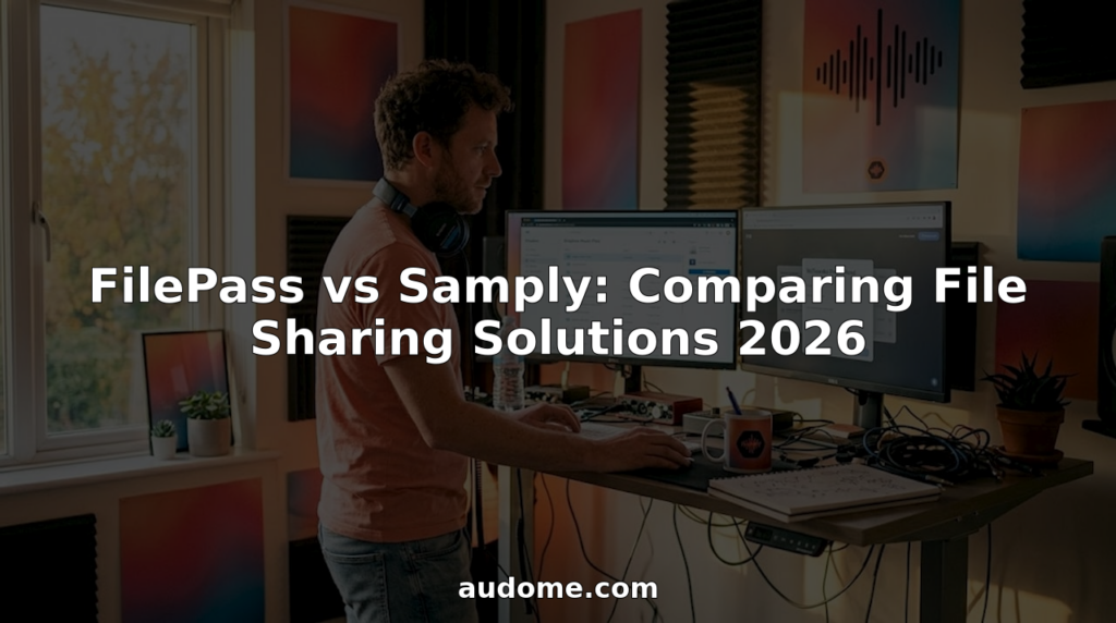 Audio engineer comparing file sharing platforms at studio desk