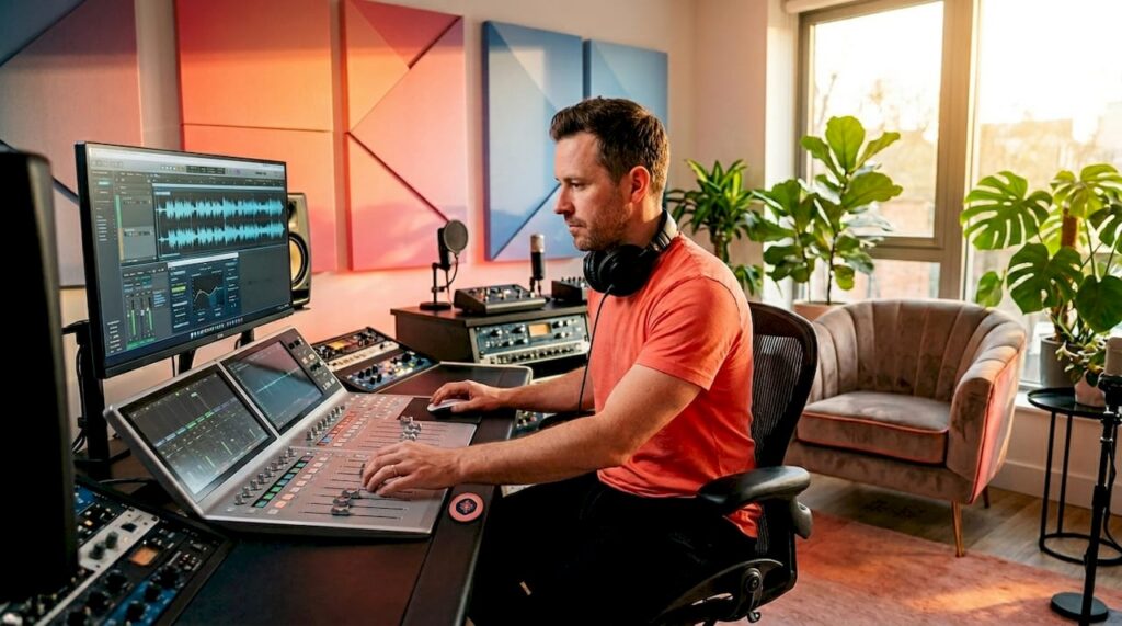 Audio engineer working in city studio