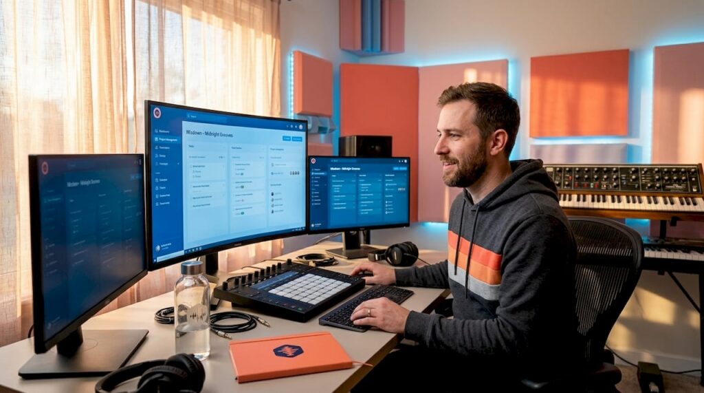Audio professional managing project on computer