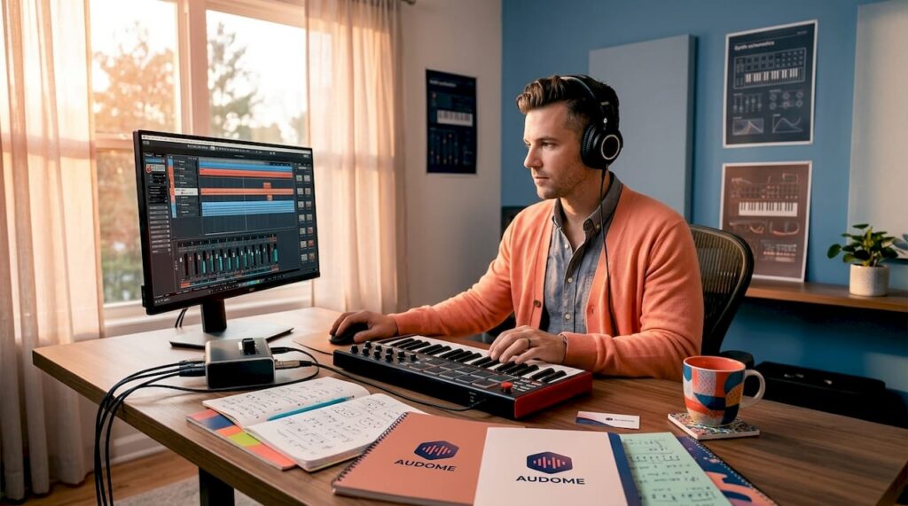 Audio professional working on digital audio session
