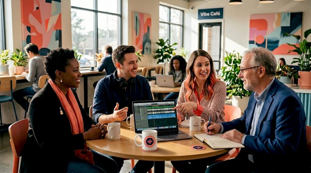 Audio professionals collaborating around table