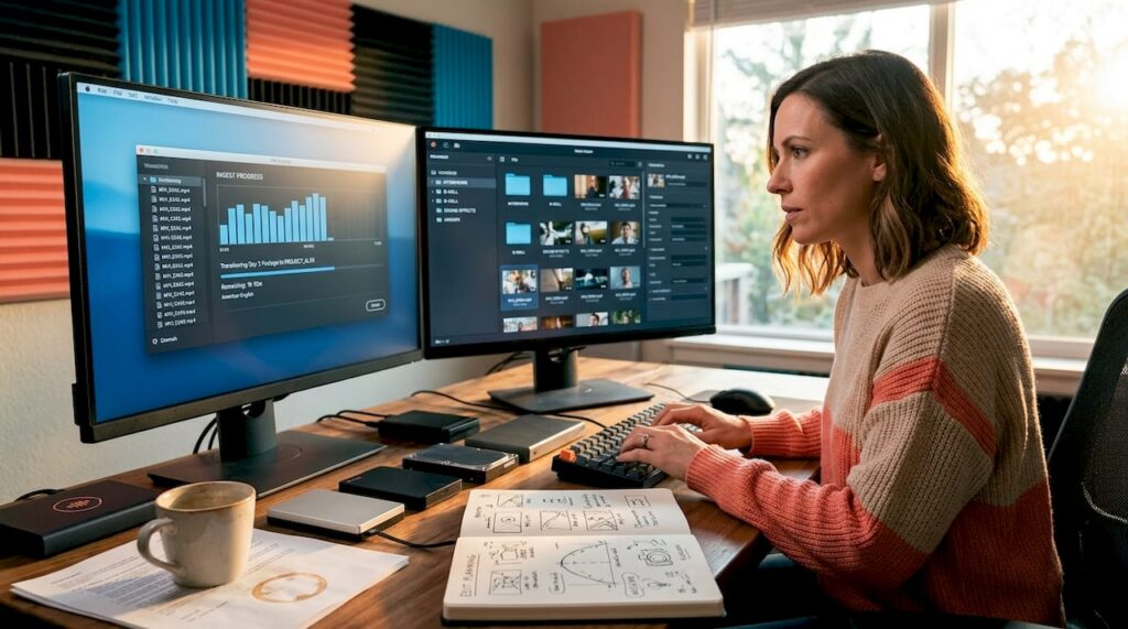 Editor at desk managing studio file transfers