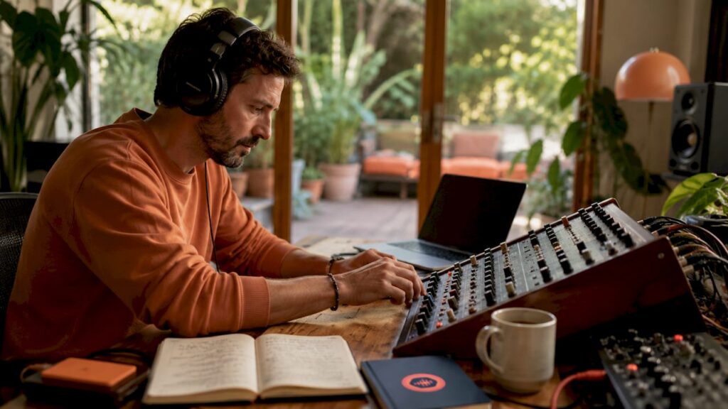 Audio producer working at mixing console in home studio