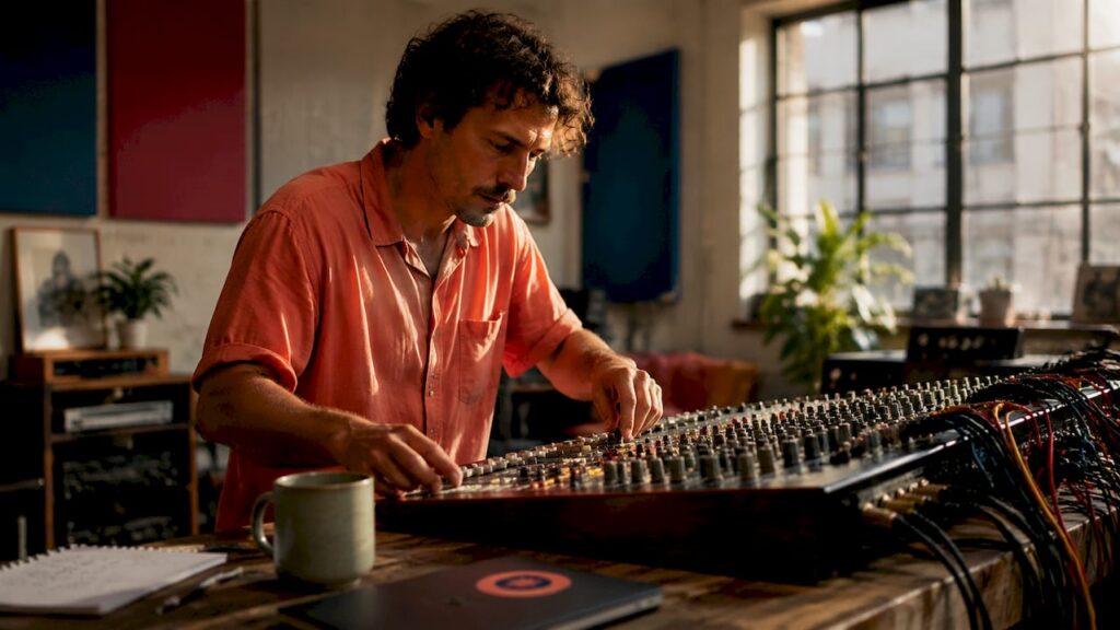 Audio engineer using digital feedback collection tool in home studio