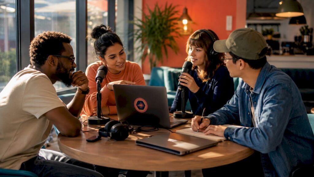 Team collaborating on podcast editing in studio