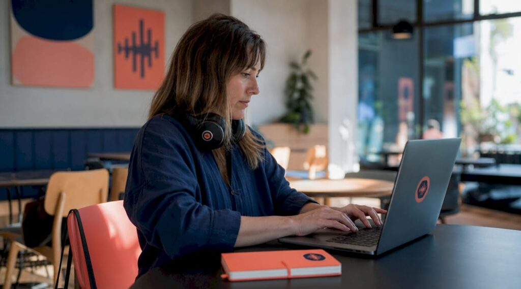 Audio producer working on automation scripts at laptop