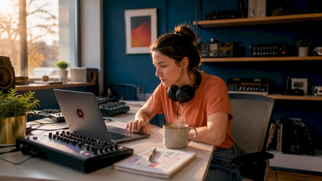 Audio producer working in home studio