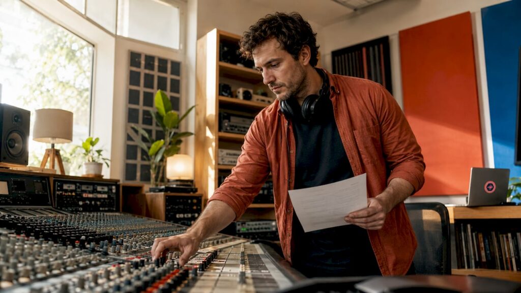 Audio engineer adjusting mixing console in studio