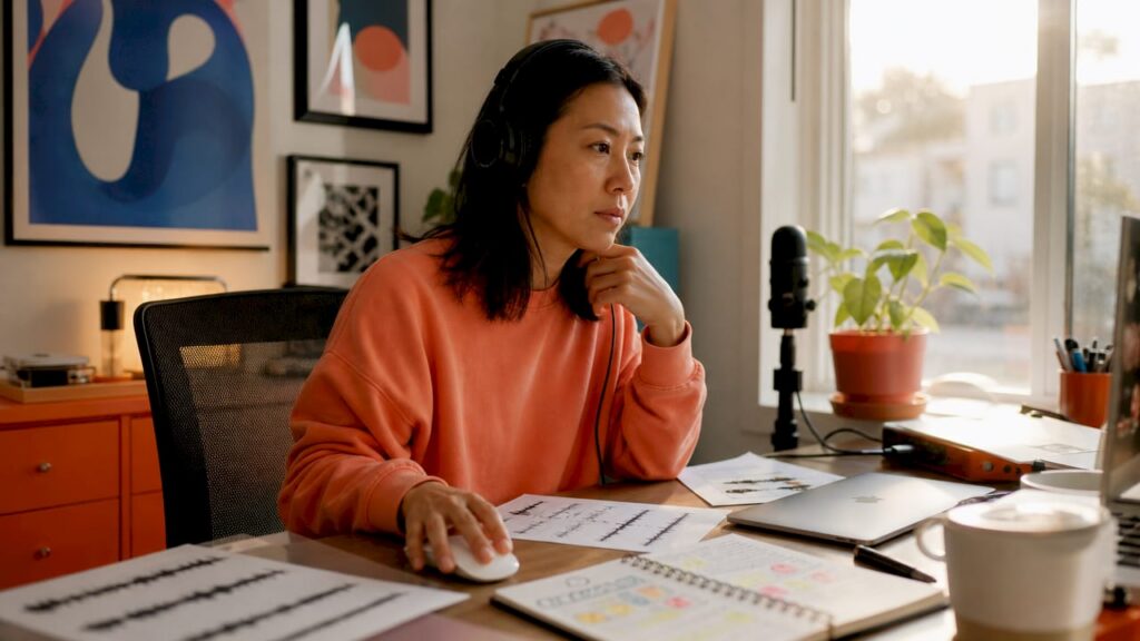 Podcaster managing approval workflow at home studio