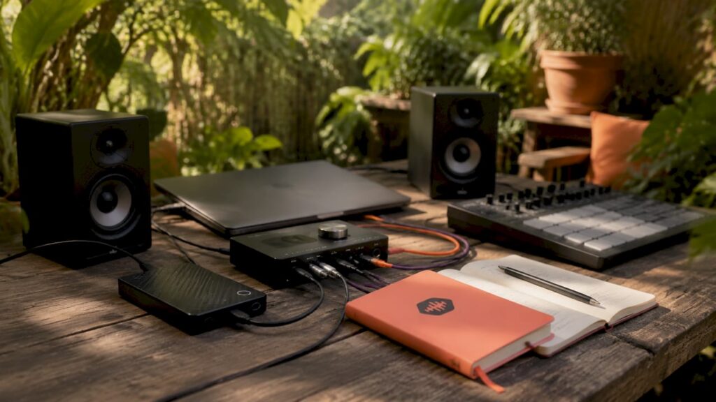 Overhead view of desk with audio transfer gear