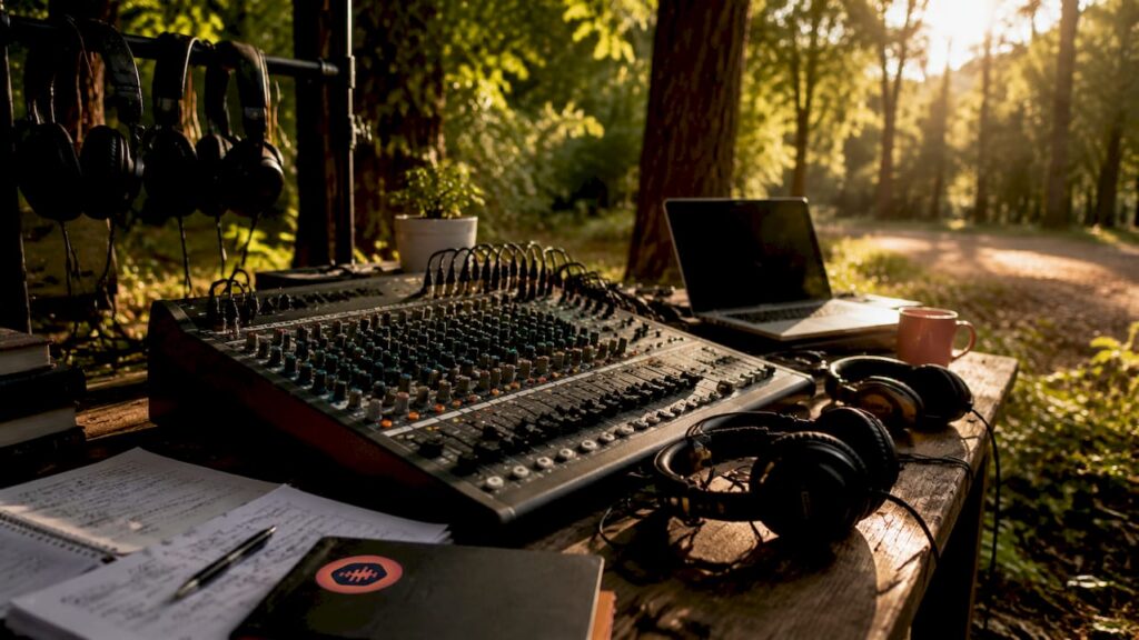 Audio mixing console in control room