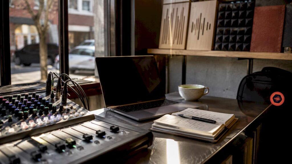 Audio editing desk with console and documents