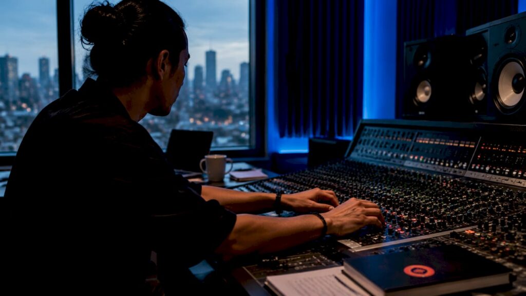 Mixing engineer hands adjusting mixing console controls
