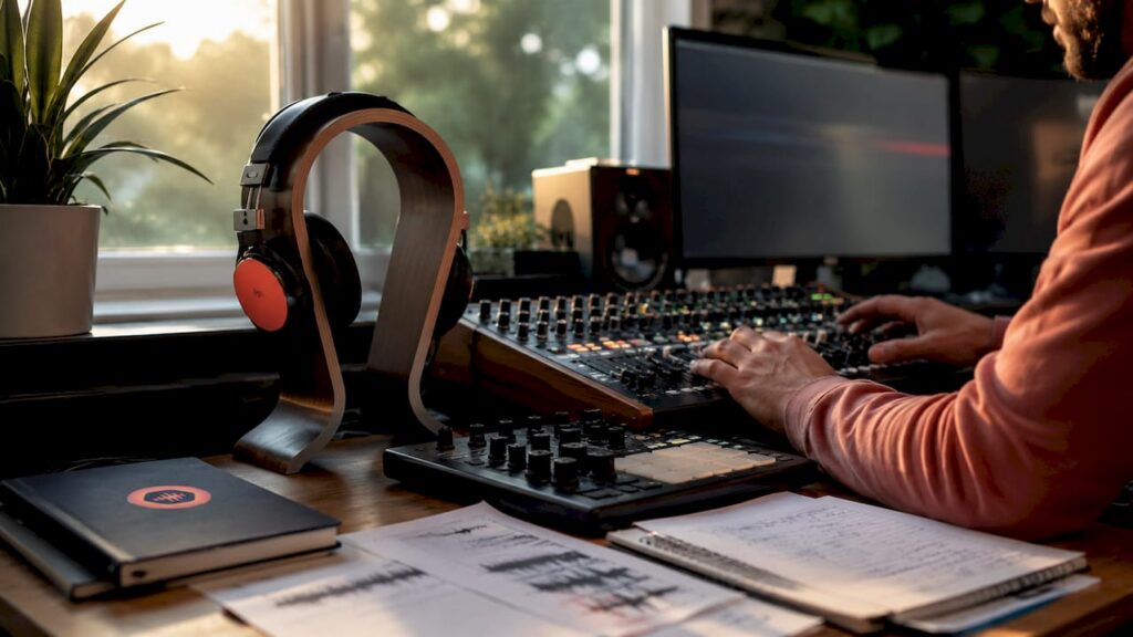 Audio engineer adjusting mixing console with waveform notes