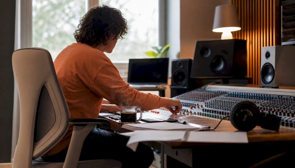 Audio technician working at mixing console