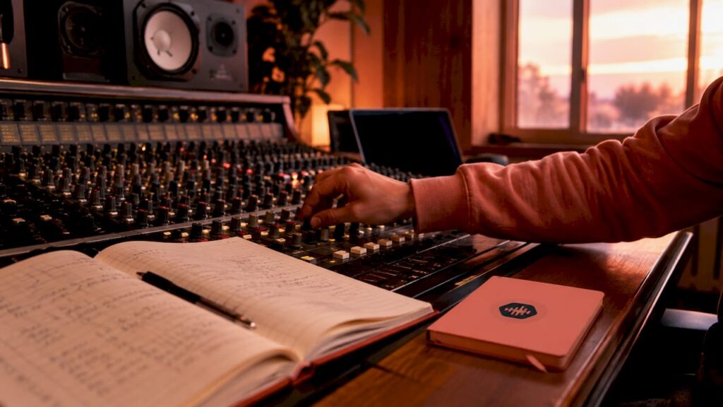 Close-up of mastering engineer working at mixing console