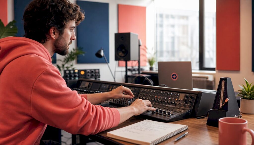 Hands adjusting podcast audio mixing console controls