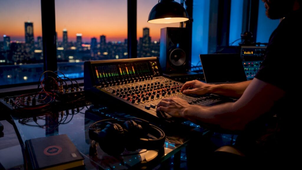 Close-up of hands adjusting audio mixing console knobs