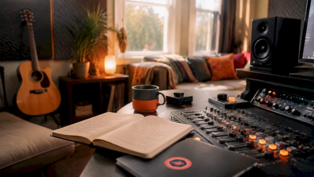 Close-up of audio editing workstation with headphones and microphone