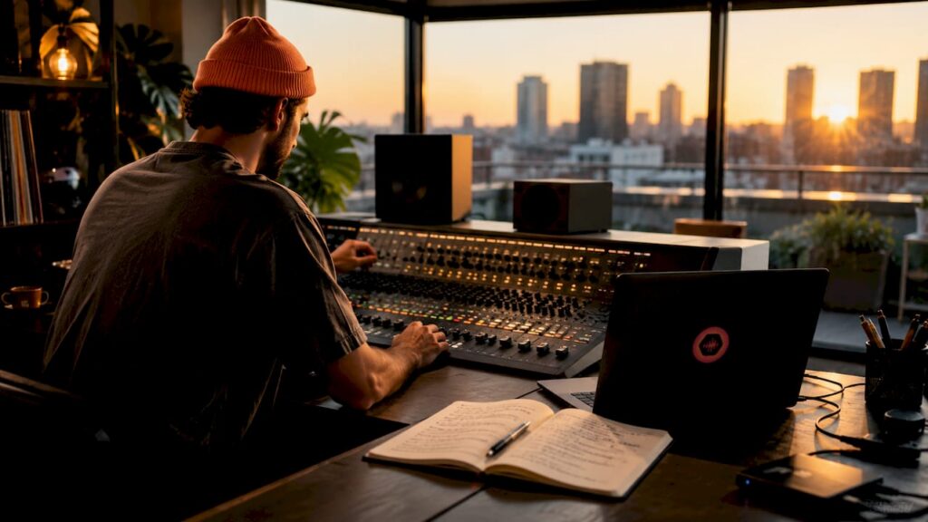 Audio mixing desk and professional workspace
