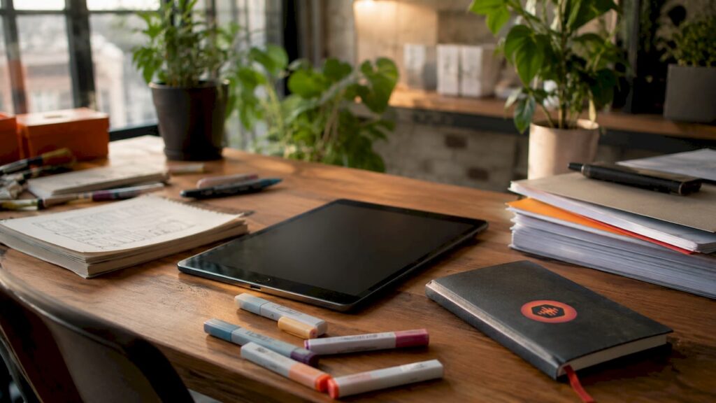 Workspace with communication tools and project briefs