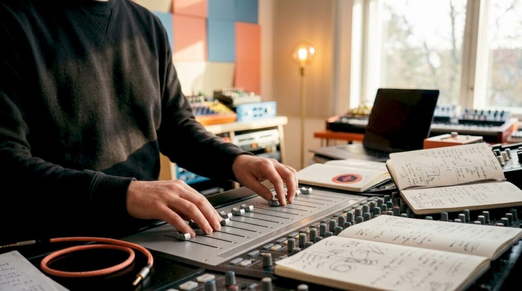 Hands adjusting vocal tuning equipment in home studio