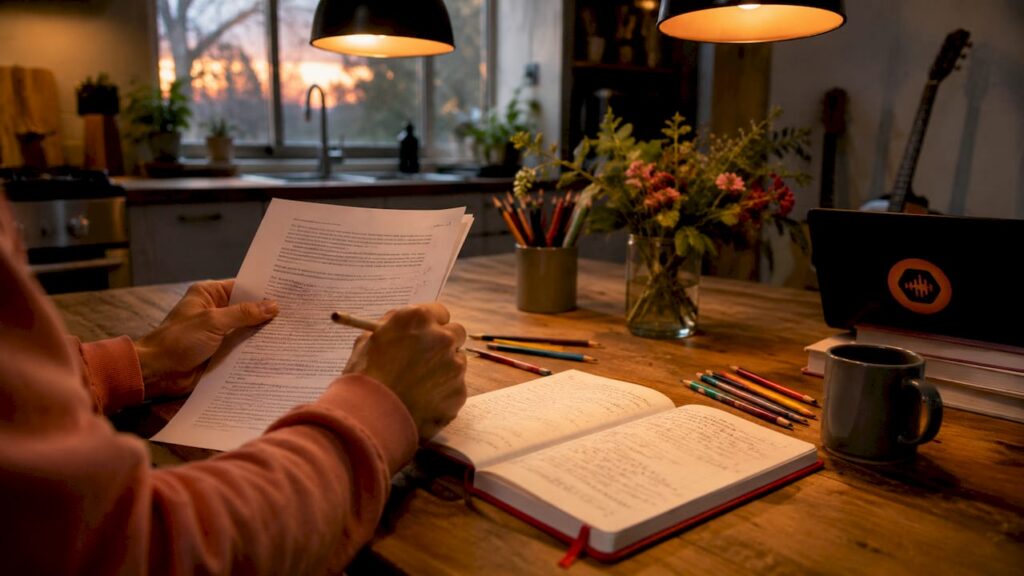 Hands reviewing songwriter contract with pen