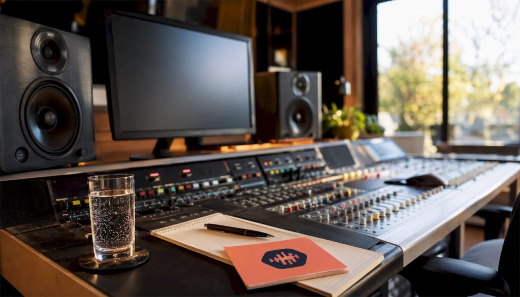 Audio studio control room with software dashboard view