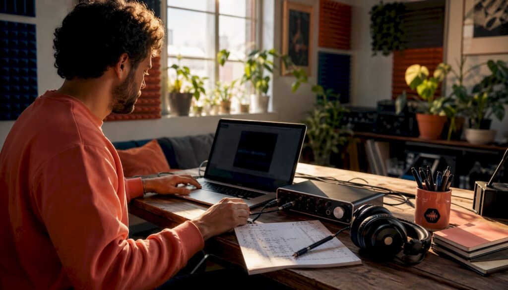 Home studio workspace with audio sharing setup