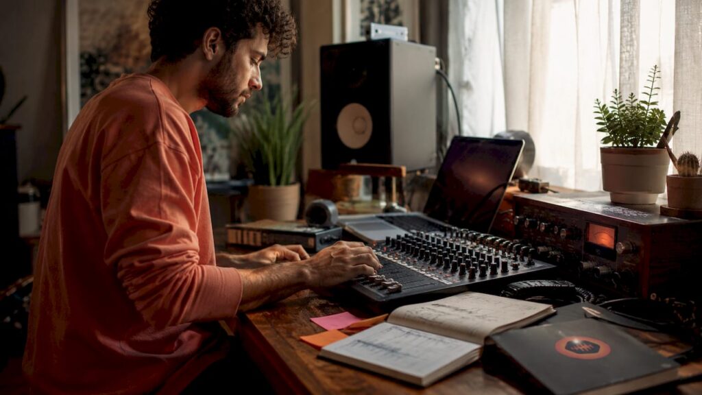 Close-up of audio mixing desk with interface