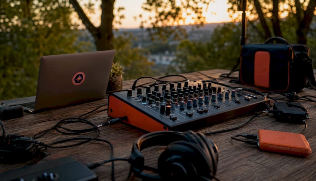 Professional audio production desktop setup with devices