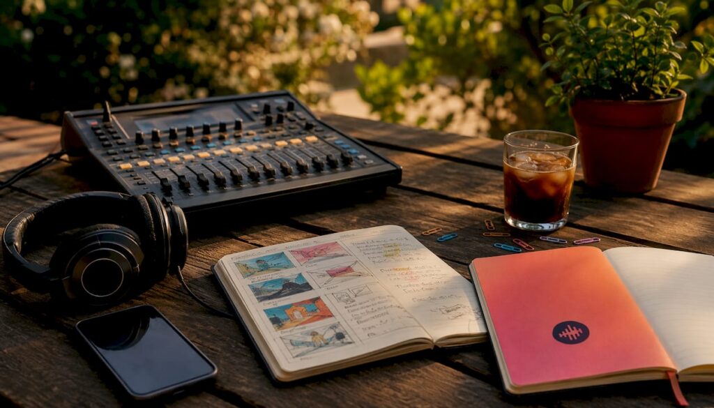 Podcast workflow tools on home desk